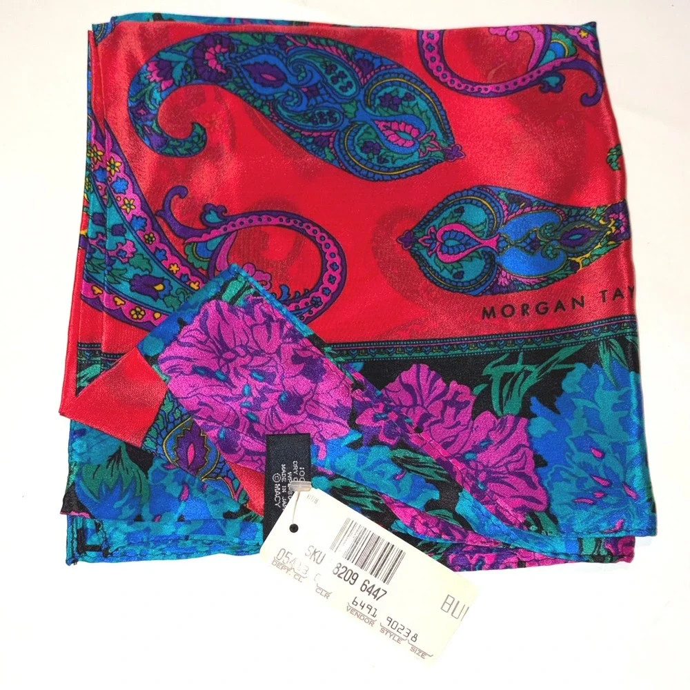 Morgan Taylor Vintage Paisley Floral Silk Scarf Red Blue Pink 31x31 NWT OS